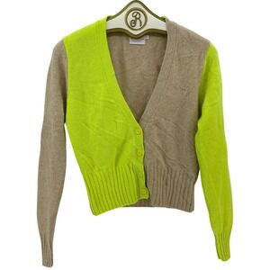 BRODIE Cashmere Colorblock Cardigan Sweater SMALL Neon Lime Tan